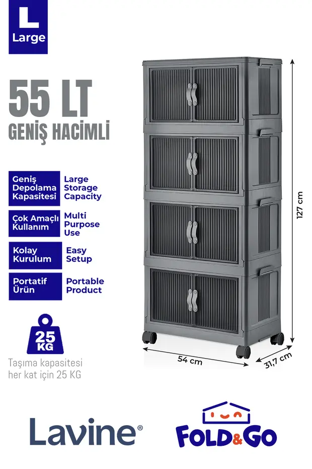 4'lü Portatif Organizer Tekerlekli Dolap Antrasit